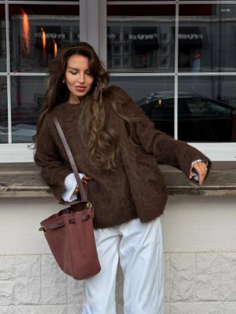 Women's Mohair Pullover Sweater - Chocolate Brown, O-Neck, Long Sleeve, Loose Knit, Casual, Winter