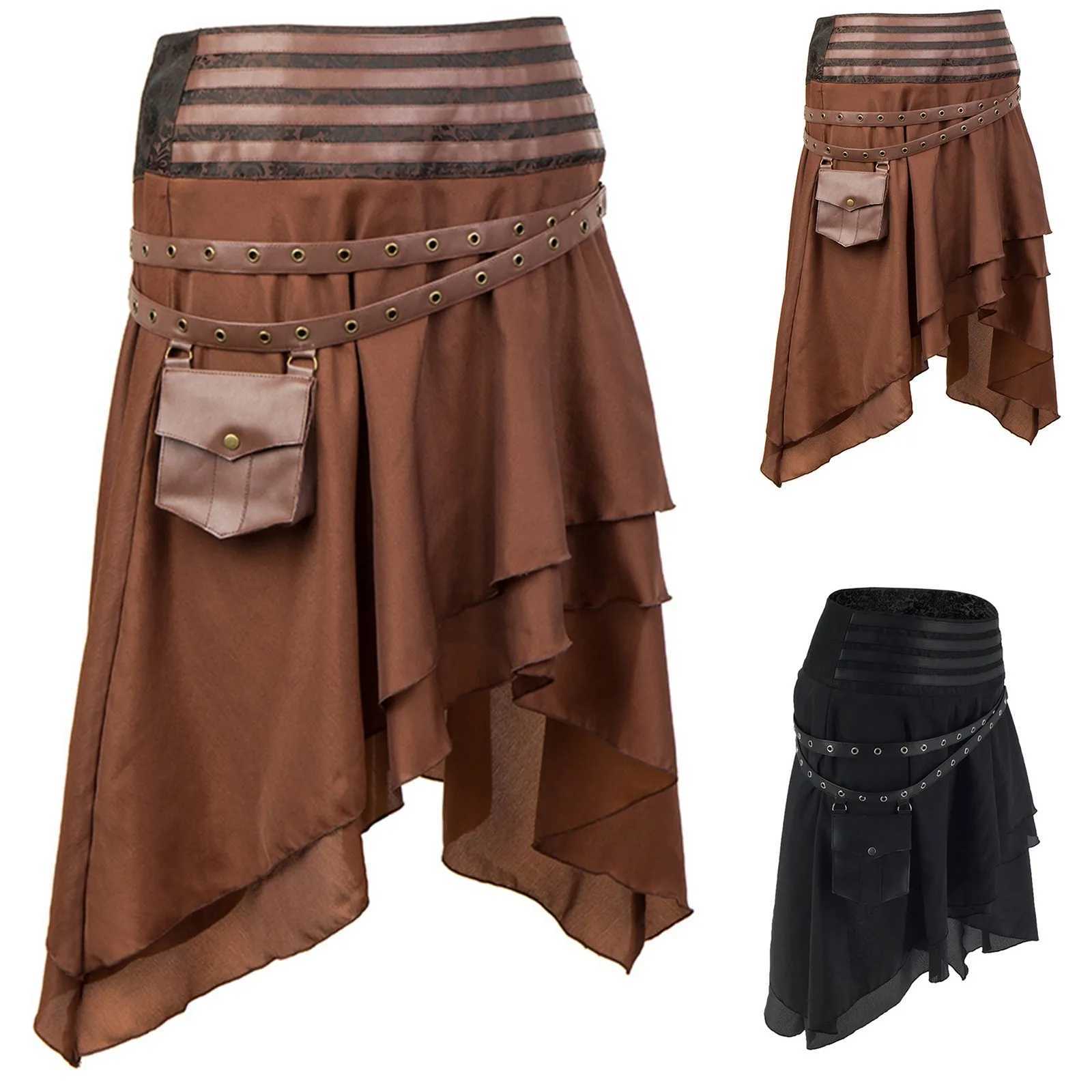 Skirts Brown Asymmetrical Ruffle Layered Gothic Skirt Womens Vintage Traditional Hiphop Skirts Leather Victorian Corsets Skirts Y240420