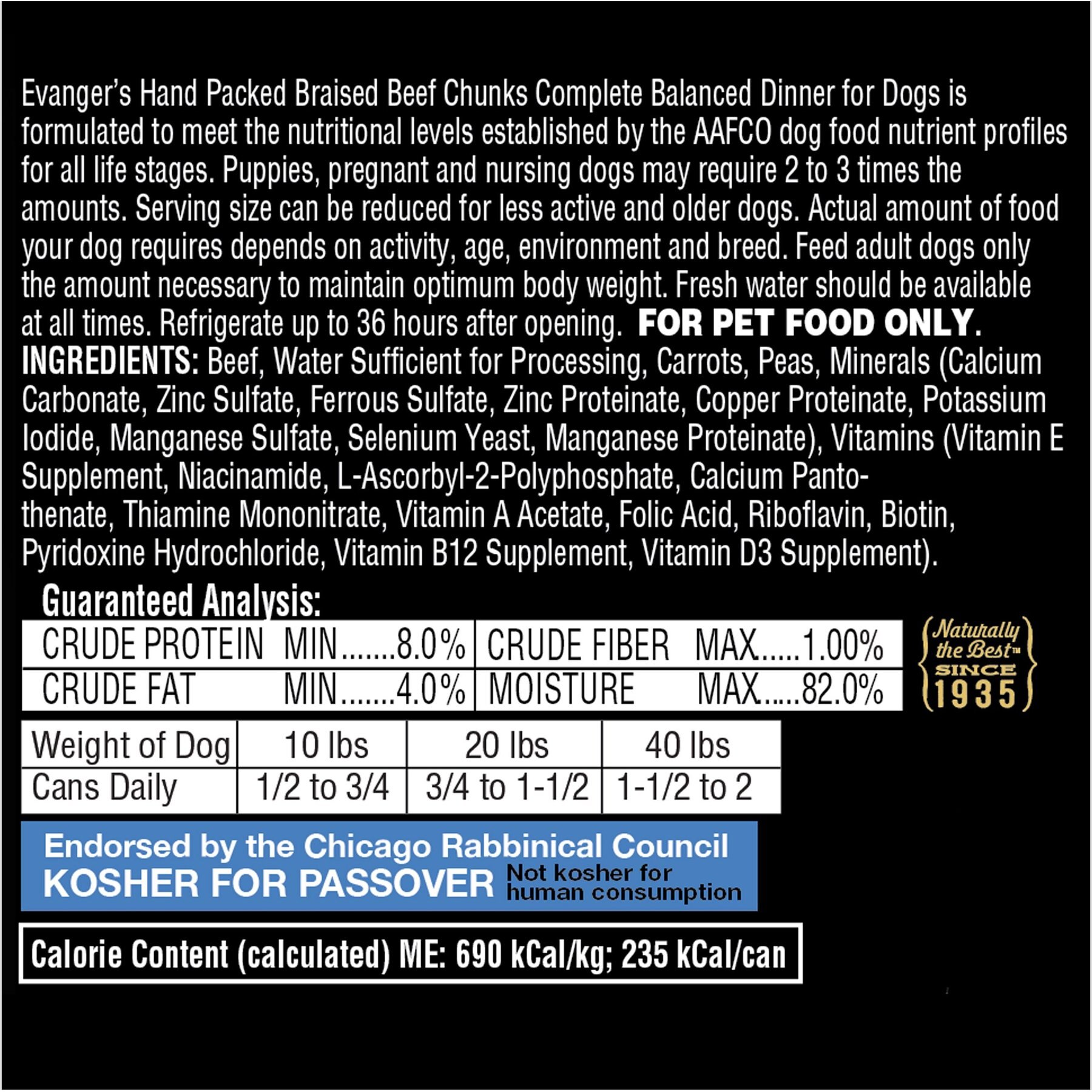 Evanger's Grain-Free Hand Packed Braised Beef Chunks with Gravy Canned Dog Food