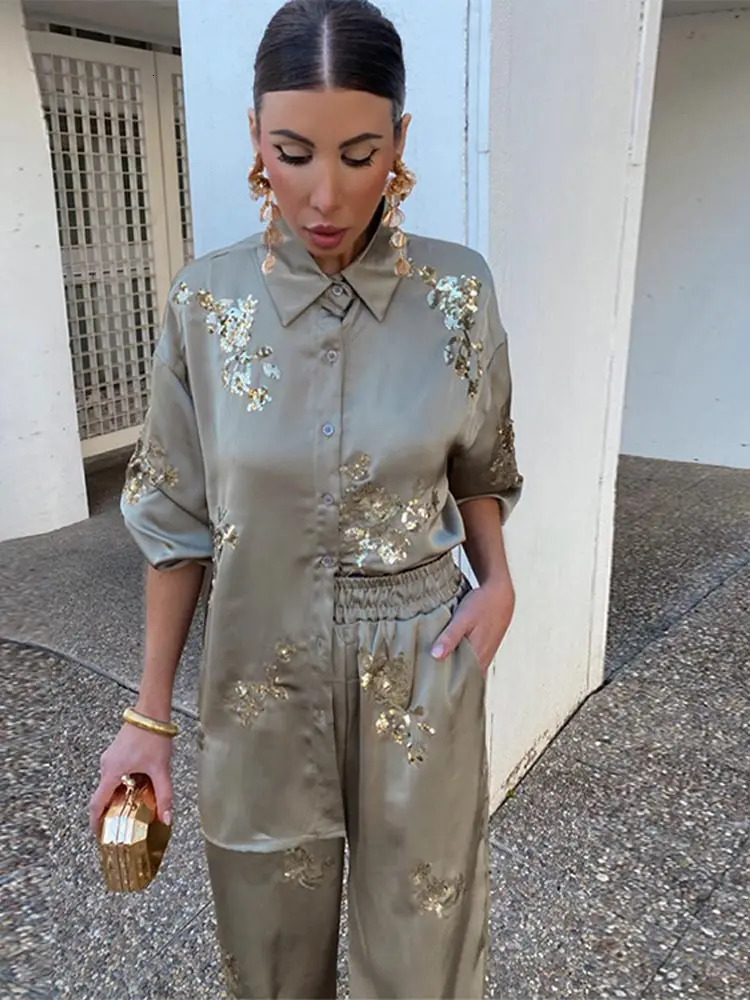 Fashion Casual Sequinned Shirt Suit For Women Chic Lapel Long Sleeves Top Elastic Waist Long Pants Set Spring Lady Elegant Suits 240420