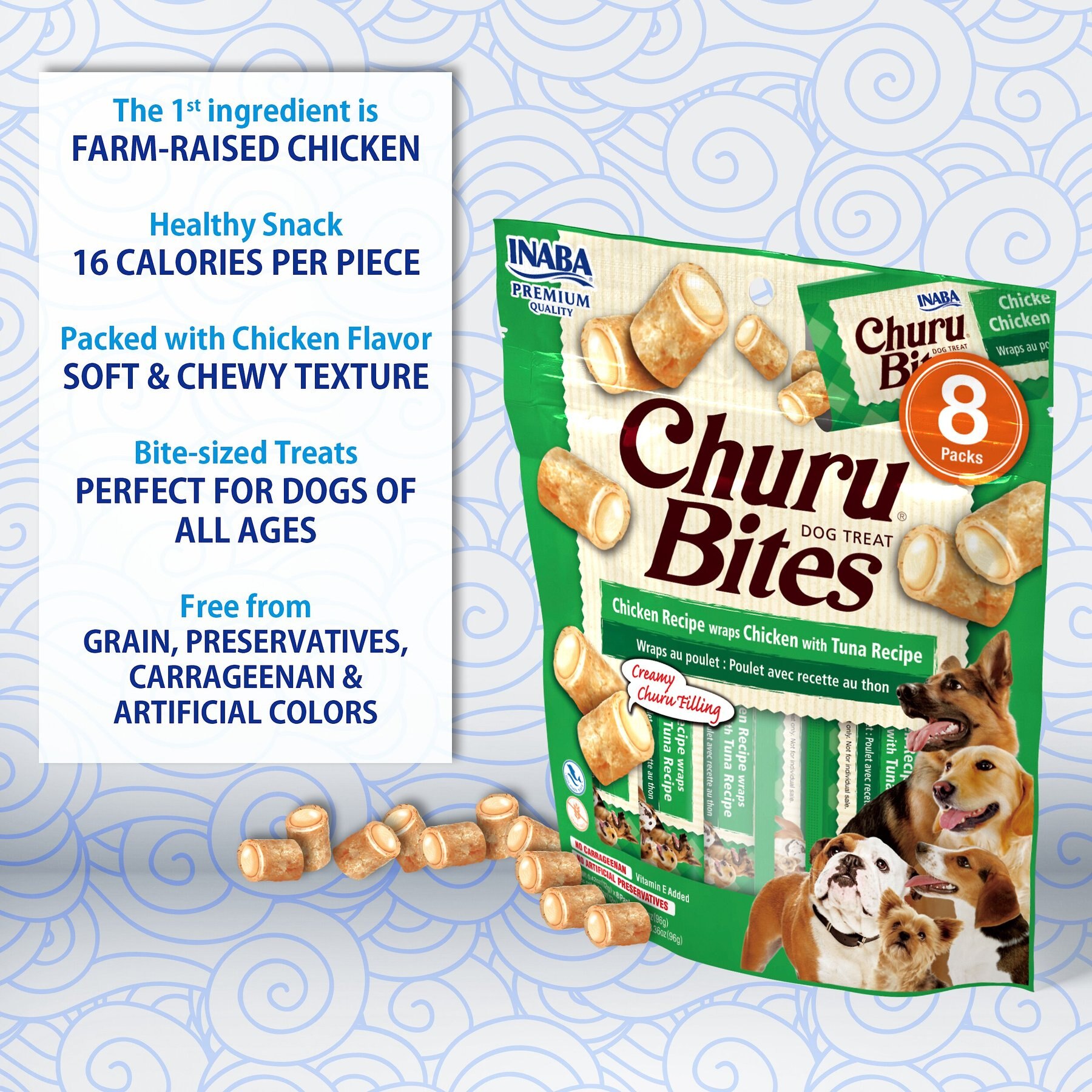 Inaba Churu Bites Wraps Chicken with Salmon Recipe Grain-Free Soft & Chewy Dog Treats, 0.42-oz, pack of 8