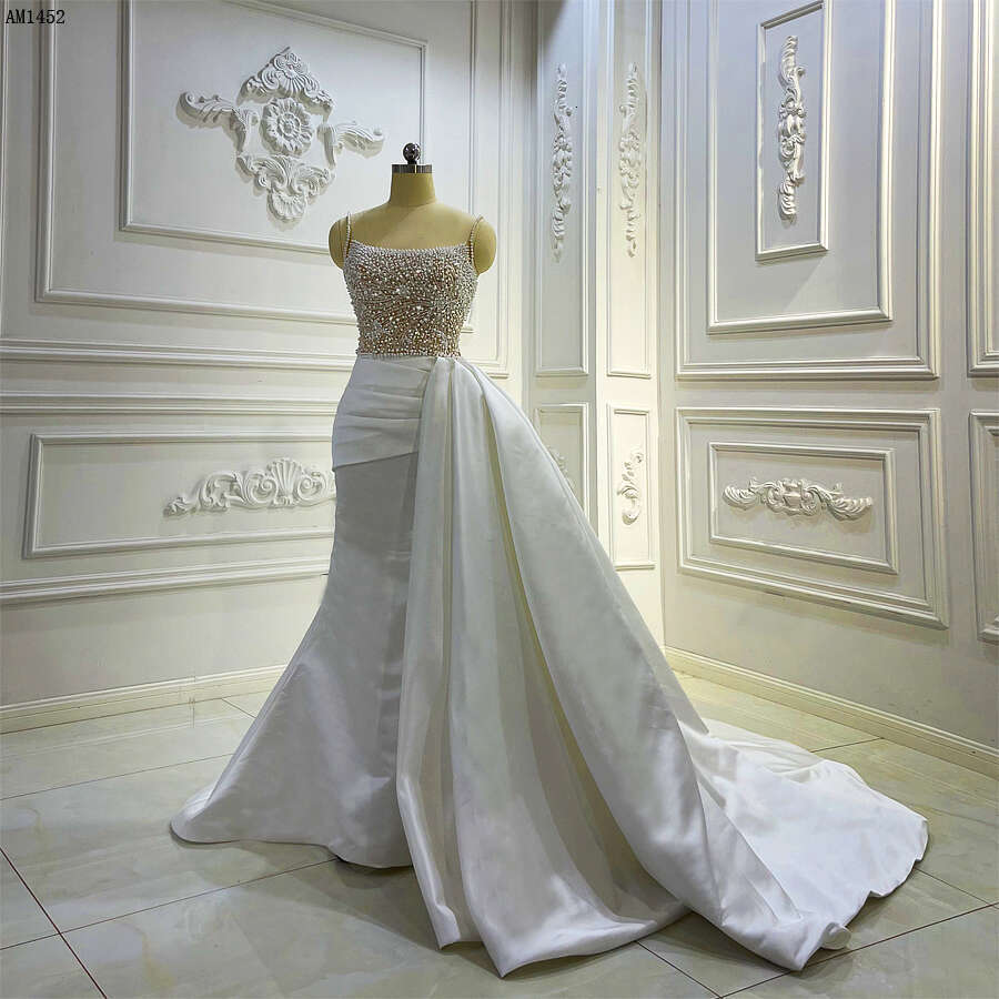Sexy Nude top body Full Pearls Stain Mermaid detachable Skirt Wedding Dress