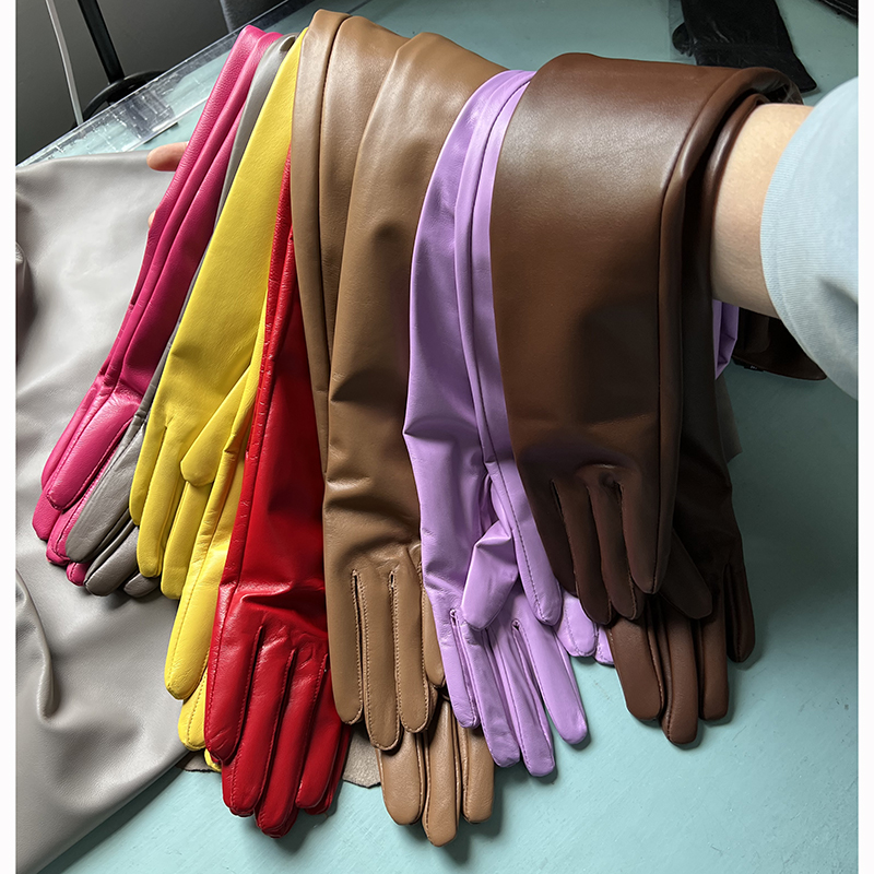 Women Real Leather Long Gloves Full Fingers Winter Warm Elbow Gloves Outdoors Long Sheepskin Mittens Wine Party genuine leather female styleArm sleeve