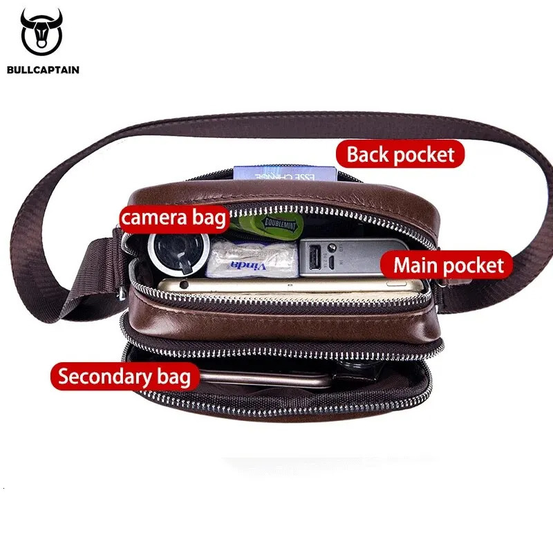 BULLCAPTAIN Mens Leather Messenger Bag Retro Shoulder Bags Small Crossbody Purses Casual Sling Pack for Travel Handbag 240415