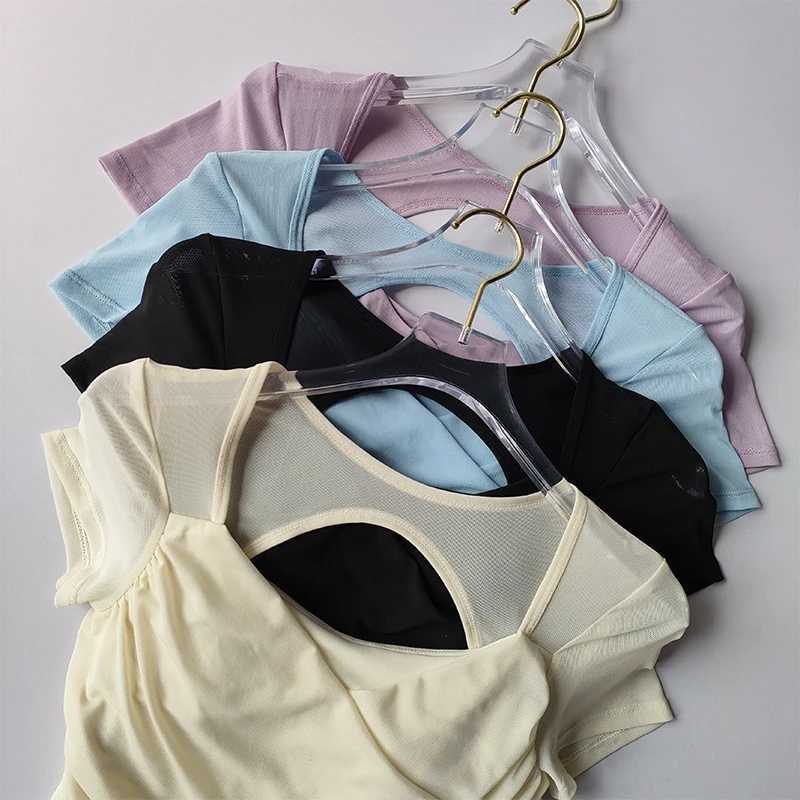 Advanced French mesh yoga set womens top Pilates short sleeved sportswear fitness T-shirt with chest cushionXJ250410