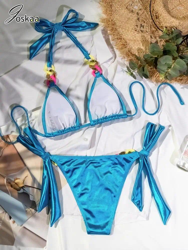 Womens Swimwear Joskaa Fashion Colorful Chain Bikinis Sets Sexy Bandage Swimsuit Women 2024 Summer Bathing Suit Beach Vacation Outfits