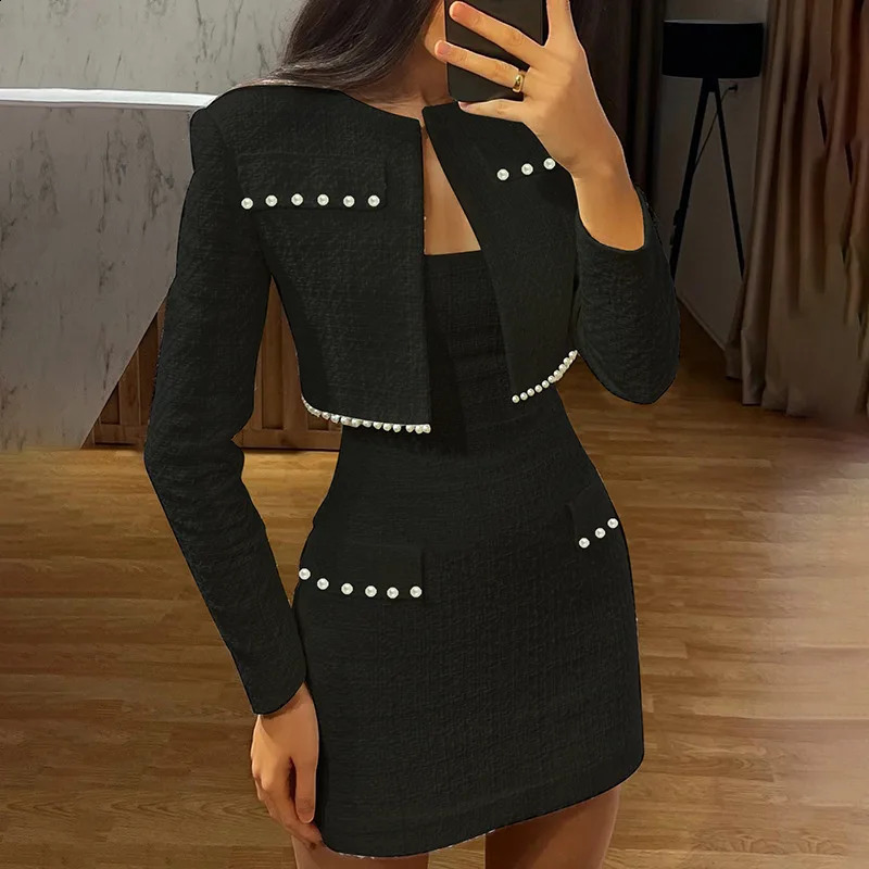 Pearl skirt set womens autumn long sleeved jacket and mini skirt two-piece elegant office womens clothing matching set 241119