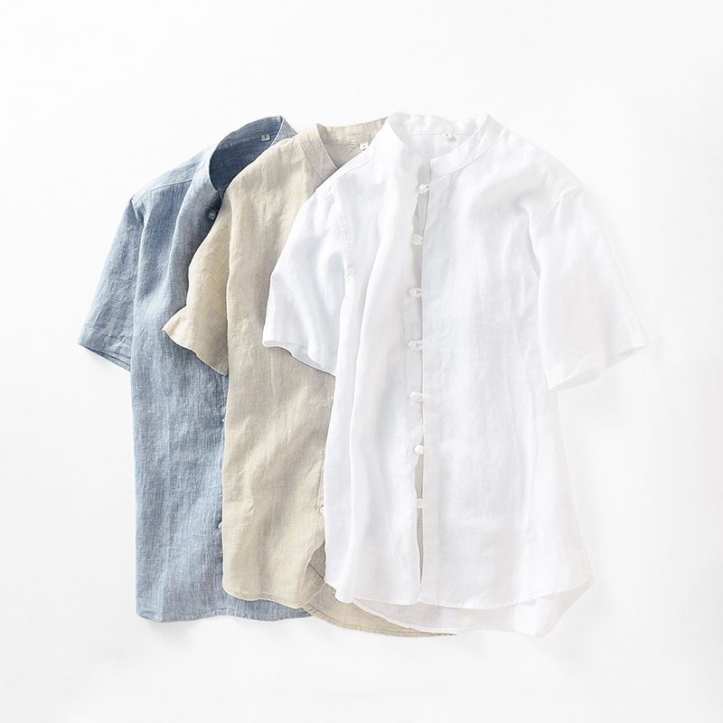 Men's Casual Shirts Chinese Style Stand Up Collar Retro Button Down En Shirt Short Sleeved Top