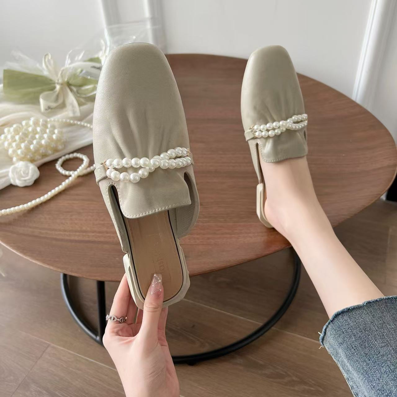 fashion leather designer bowknot slippers pointed toe slides mules for women low heel summer shoes outfoor flip ps