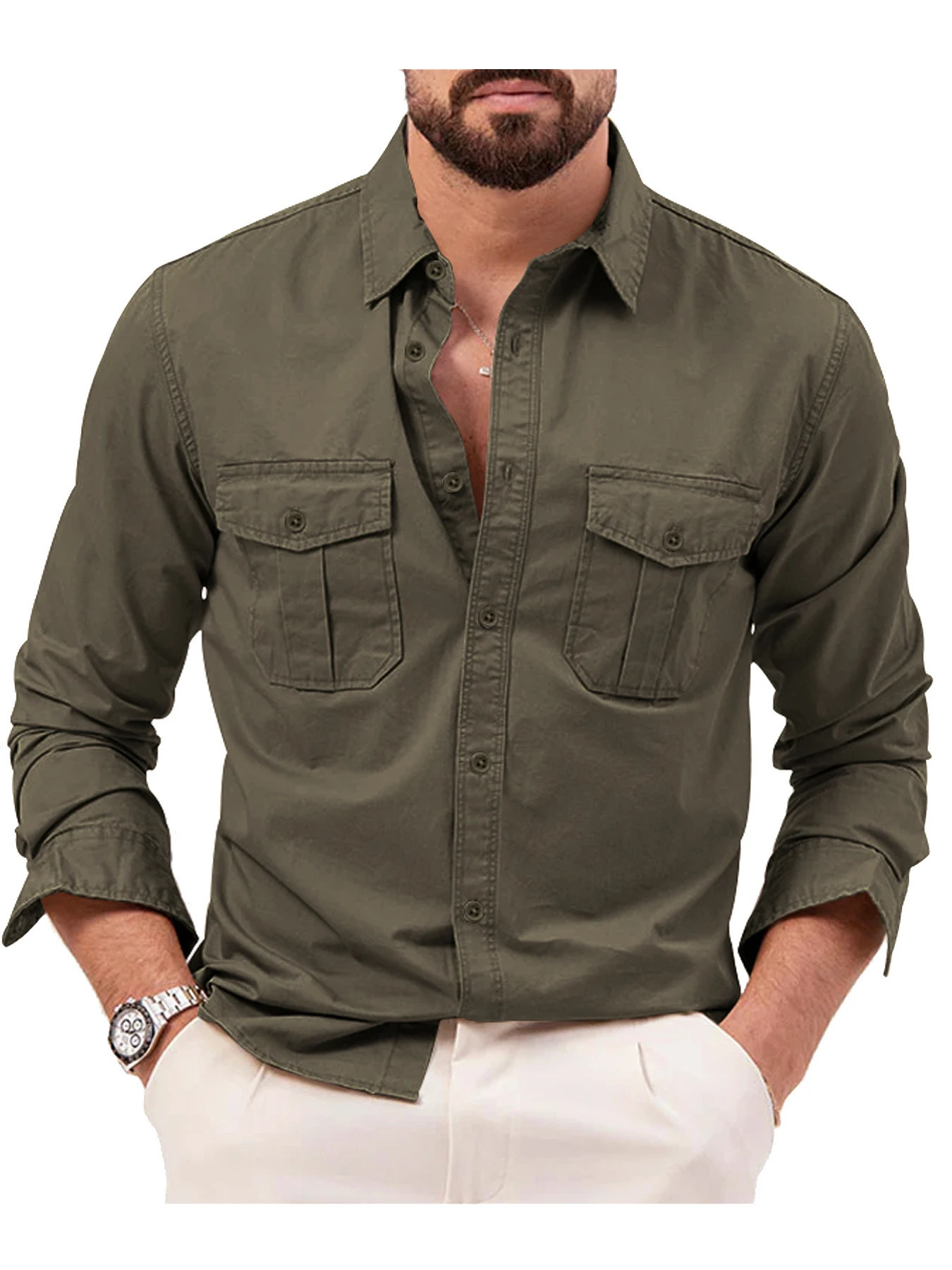 SpringSummer European and American Mens Shirts with Multiple Pockets Casual Slim Fit Long sleeved Workwear Top 240412