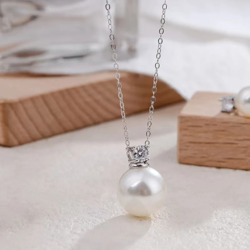 S925 pure silver high-quality crystal zircon pearl round pendant necklace diamond pendant necklace 241120