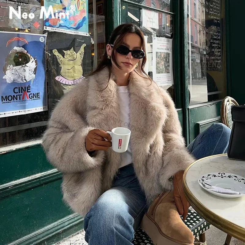 Neo Mint Chic Street Gradient Faux Fur Jacket Women Winter 2024 Fashion Fluffy Fox Fur Coat Female Outerwear 241121