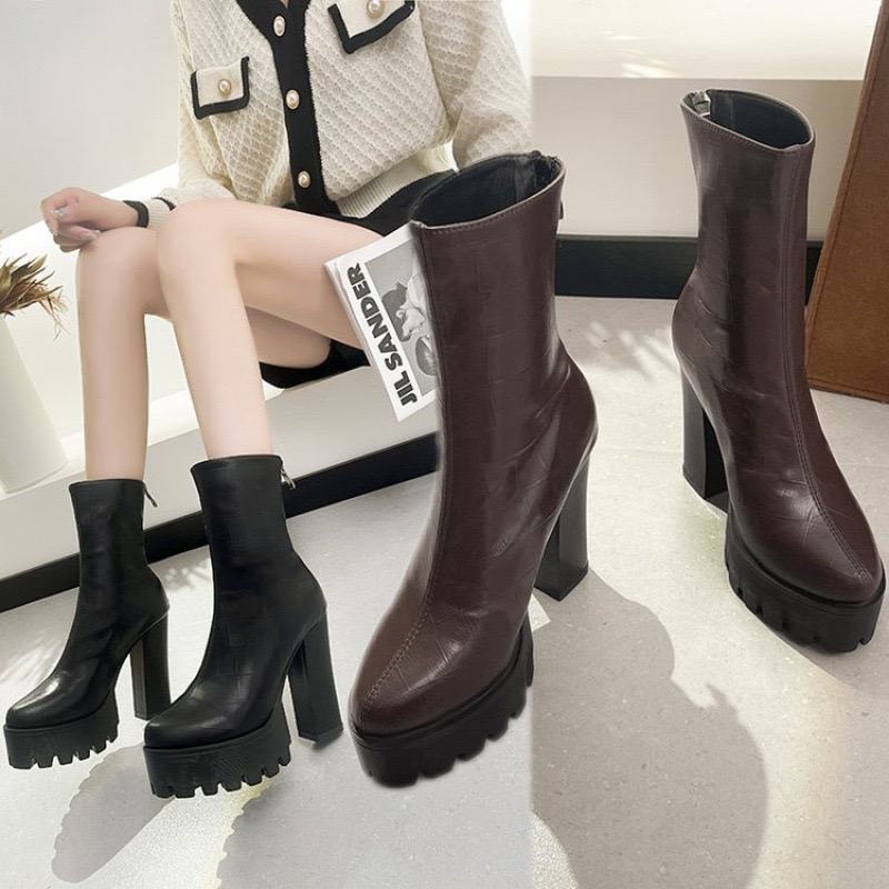 designer checkered brand leather ankle boots high heels winter botas shoes ladies short design booties for women 195f