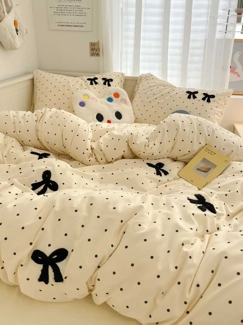 Ins Style Girl Blue 1.5m/1.8m Fitted Sheet Bow Towel Bedding Set Embroidery Washed Cotton Four-piece Set Bed Sheet Three-pieceC241122