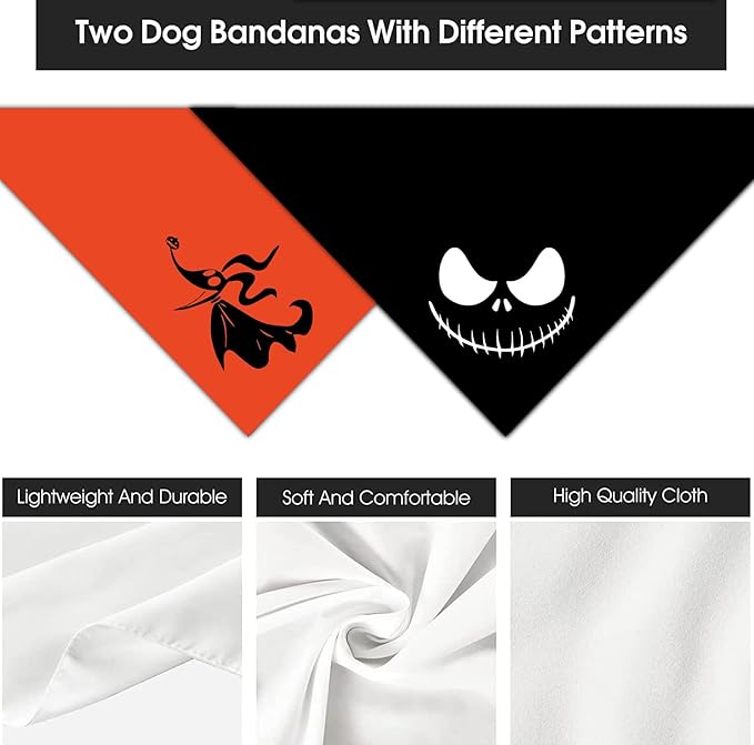 Halloween Bandanas 2 Pack, Nightmare Before Christmas Zero Dog Triangle Reversible Fall Pet Scarf, Adjustable Fit ( Face, Size
