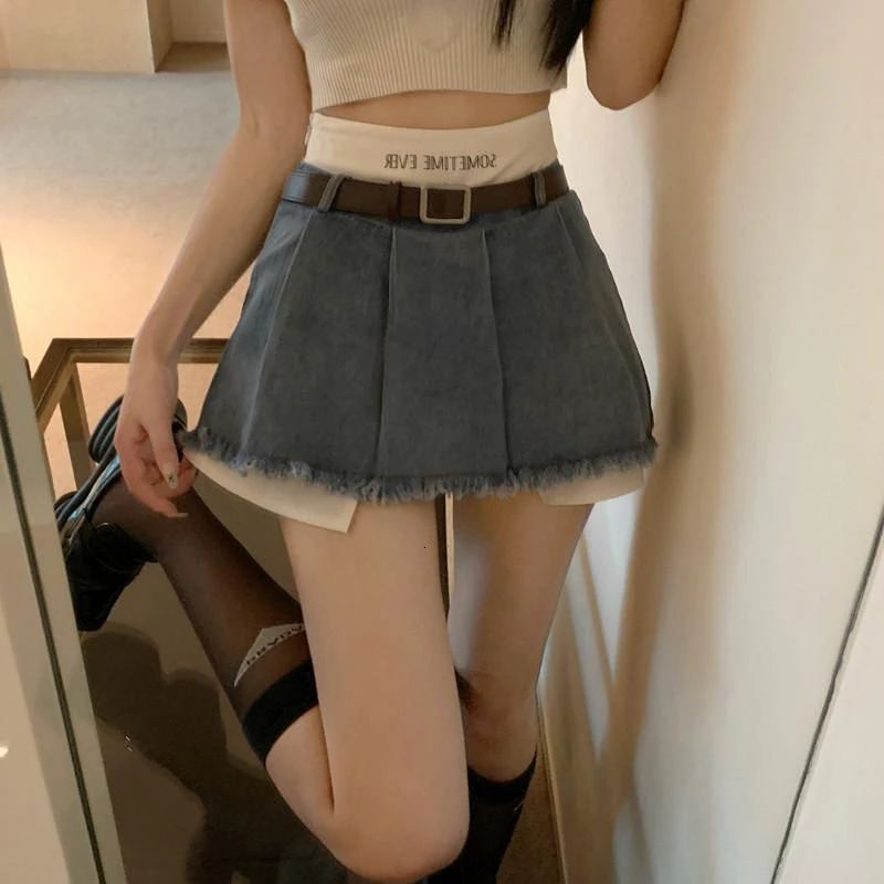 Gidyq High Waist Women Denim Skirts Summer Korean Patchwork Casual Mini Skirts Streetwear Female Tassels A Line Jeans Skirts 240422