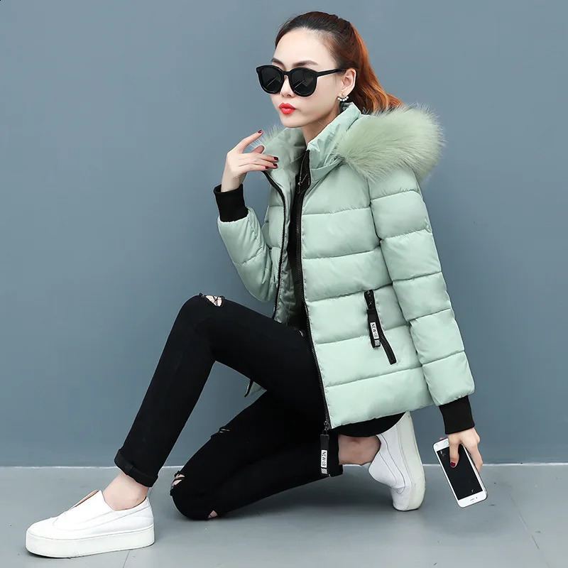 Zipper Fur Hooded Short Down Cotton Jacket Thickened Coat Fall Winter Casual Elegant Long Sleeve Warm Pocket Clothing 241120