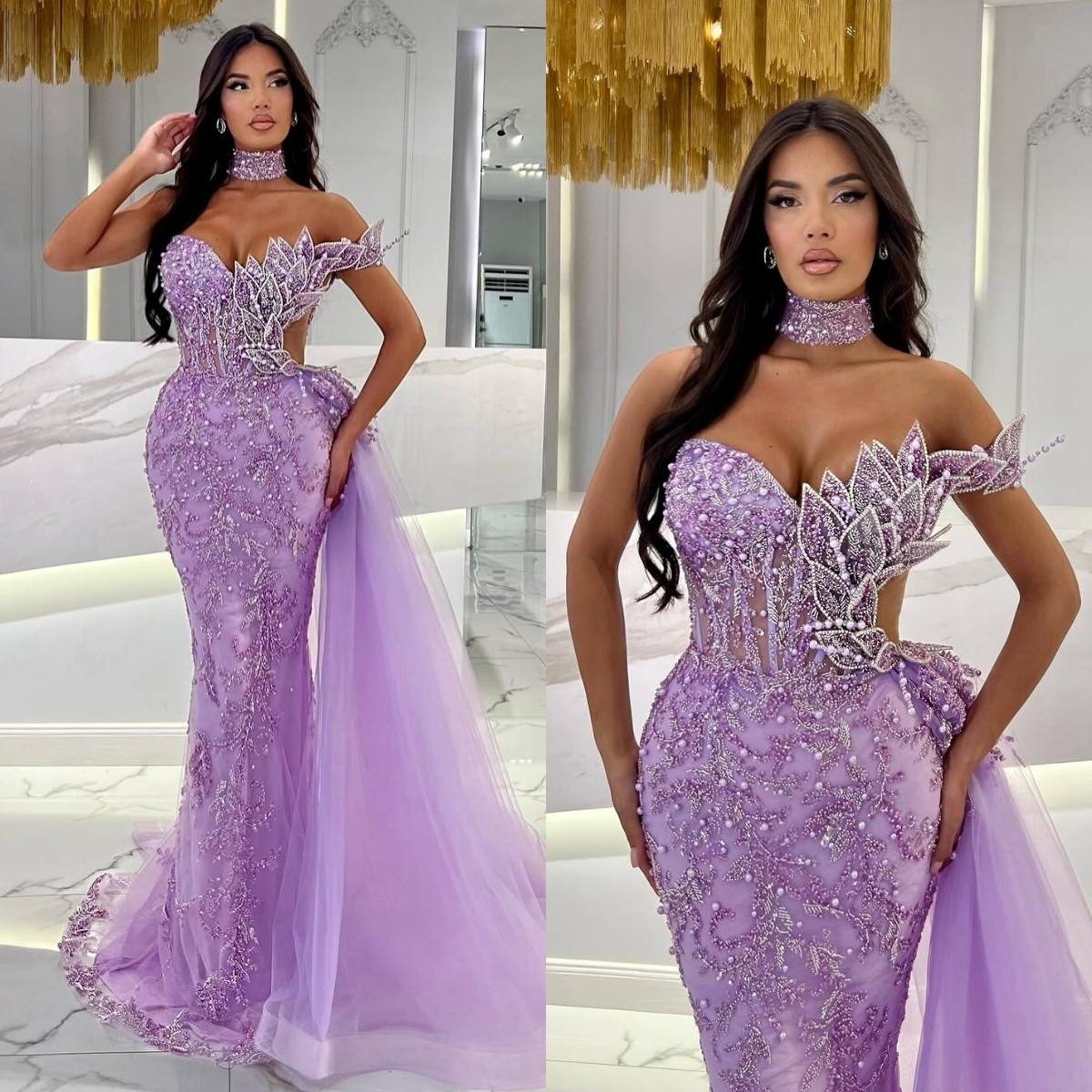 Stunning Purple Mermaid Evening Elegant Leaf Beading Shoulder Prom Dress Beads Side Train Custom Made Formal Dresses For Women 0618