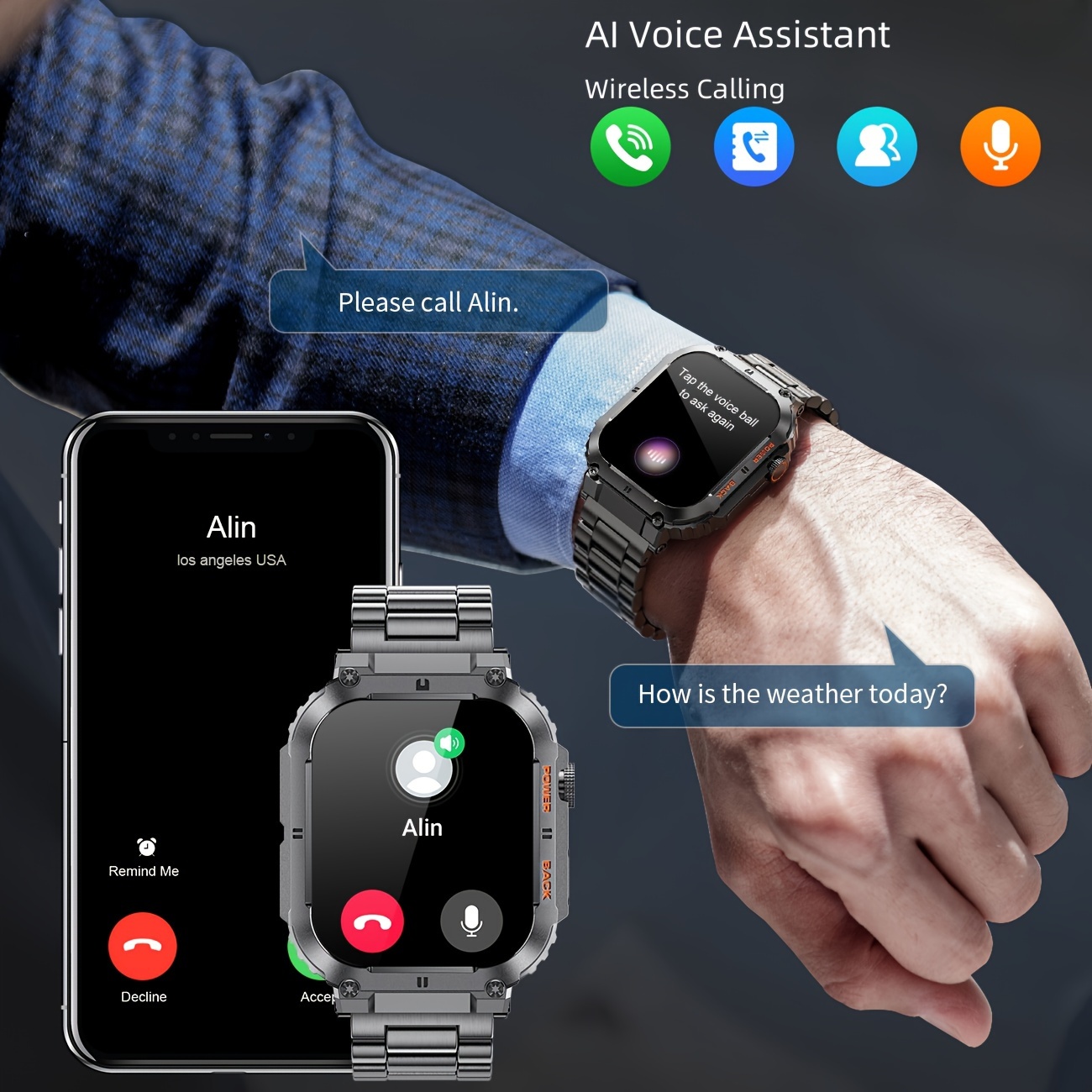 Men's Smartwatch 1.96-inch IPS Large Screen 400mAh Long Battery Life Fitness Step Card Tracker, Suitable for Android IPhone Smartwatch