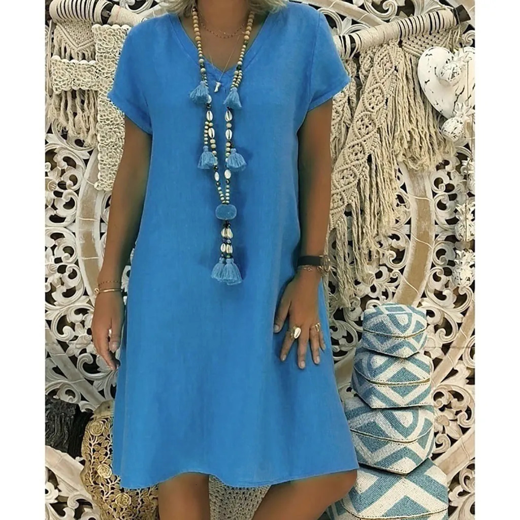 Women Summer 2024 Boho Cotton Linen Dress Short Sleeve VNeck Tops Casual Loose Female Street TShirt Sundress Vestidos 240418