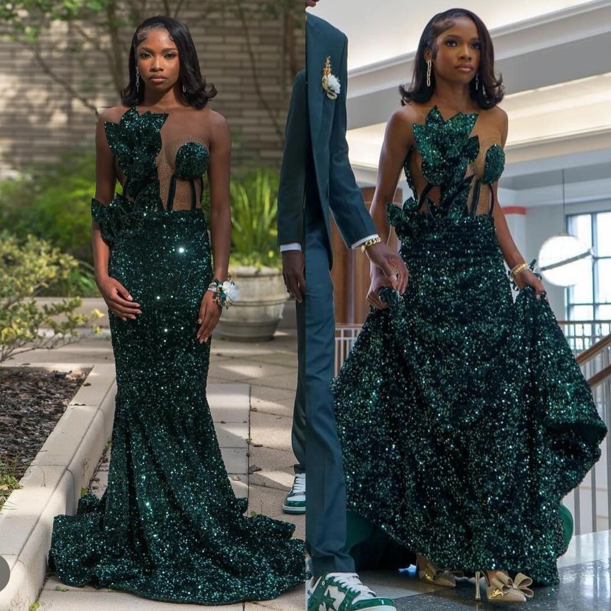 Forest Green Mermaid Prom Dress Black Sheer Neck Sequins Evening Elegant African Illusion Formal Dresses For Women Lz0304