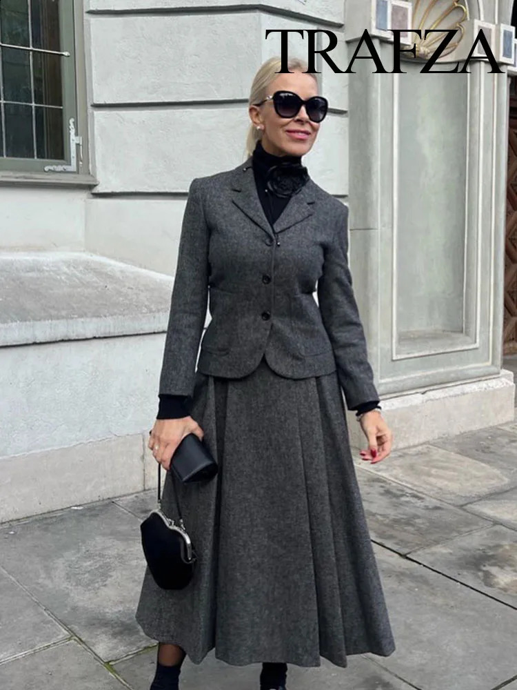 TRAFZA Autumn Women Fashion Sets Solid V Neck Tight Blazer A Line Loose Comfortable Minimalism Style Female Long Skirt 241121