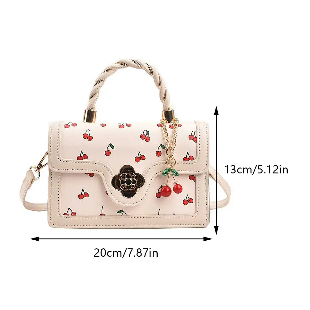 New Women s Cherry Pattern Sweet Chain Slant PU Leather Fashion Handbag Women s High trend Quality Designer leisure Small Shoulder Square Bag