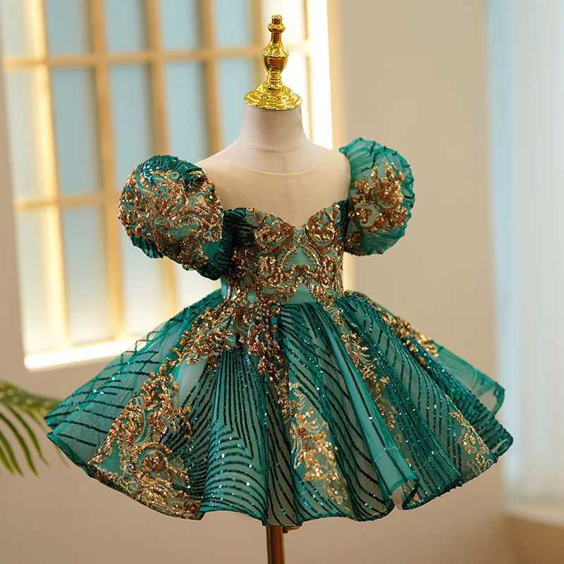 Childrens Luxury Party Green Gold Dress Suitable for Girls Sizes 1-12 Birthday Photo Shooting Dress Evening Dress Formal Lace Dress W241122