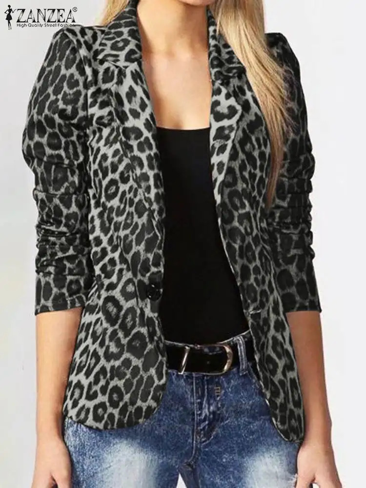 ZANZEA Women OL Blazer Fashion Ladies Office Suits Button Up Outwears Oversized Spring Summer Female Leopard Lapel Coats 240407