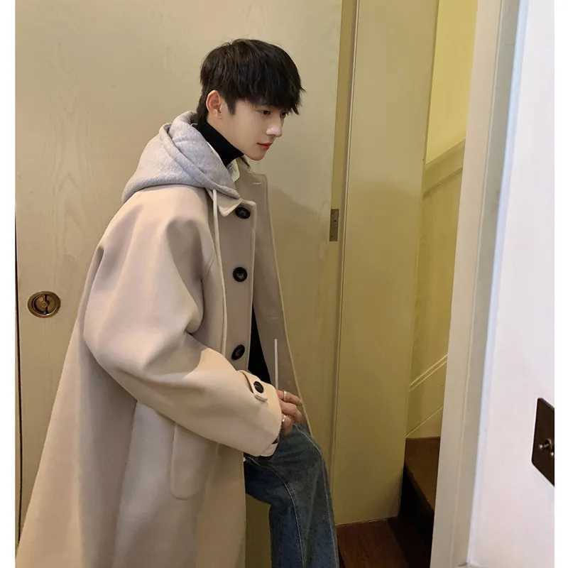 High Quality Korean style medium and long wool mens coat autumn and winter loose Fe two-piece hooded windbreaker Y2k mens clothing T241122