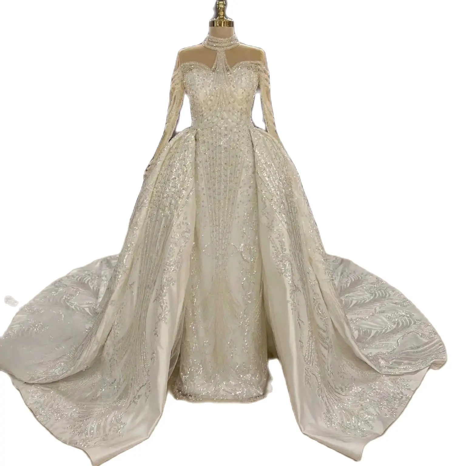 Vintage A-Line Women Wedding Dress High Collar Long Sleeves Bridal Gowns Sequins Detachable Train Dress Custom Made