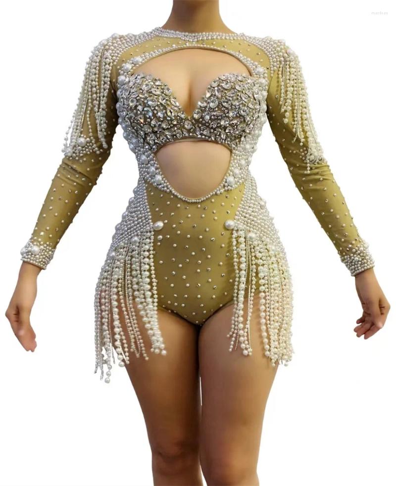 Stage Wear Rhinestones Jumpsuit Stretch Sexy Bodysuit Women Birthday Play Celebrate Dress Dancer Party Show Cx