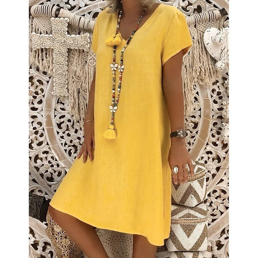 Women Summer 2024 Boho Cotton Linen Dress Short Sleeve VNeck Tops Casual Loose Female Street TShirt Sundress Vestidos 240418