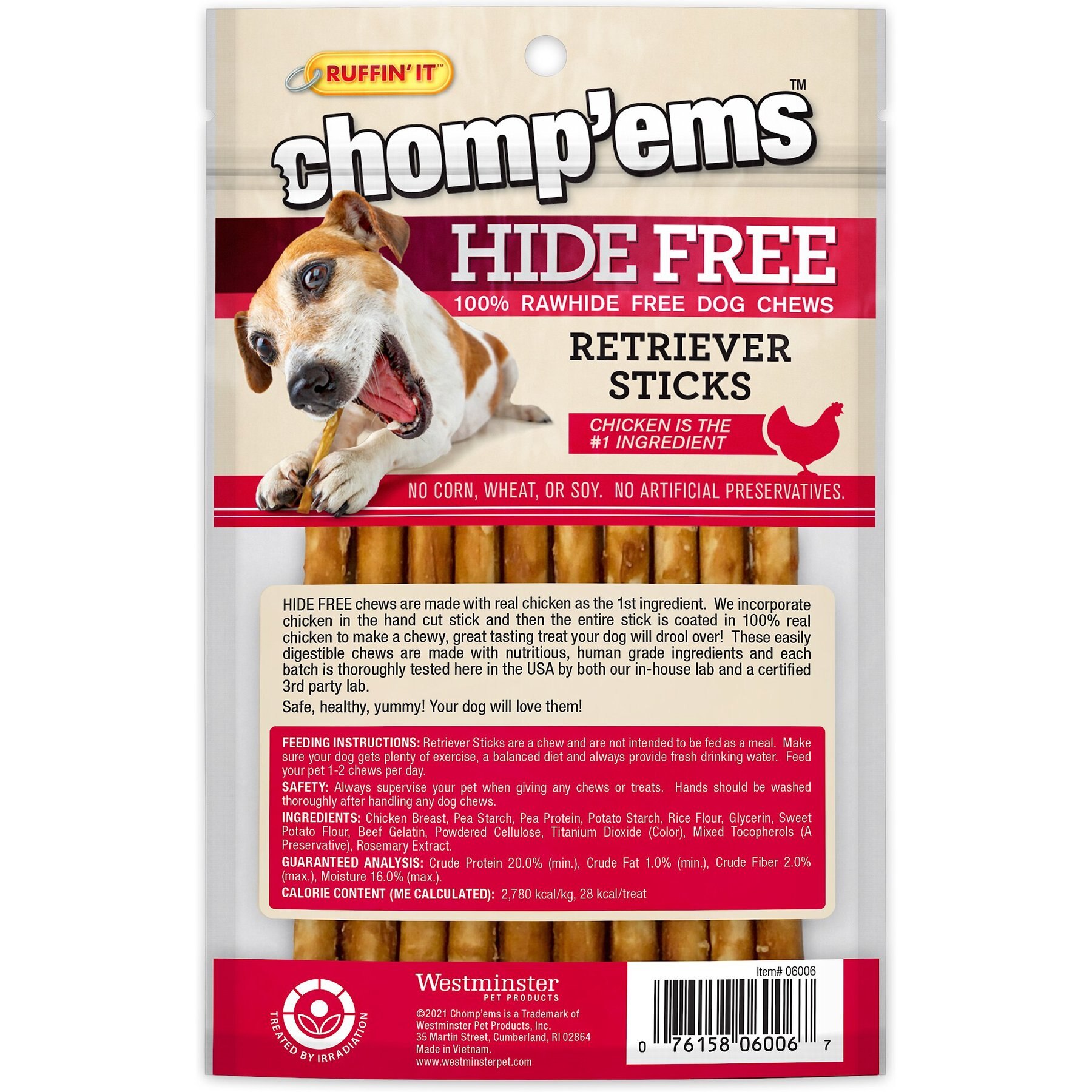 Chomp'ems Hide-Free Chicken Sticks Dog Treats, 10 count