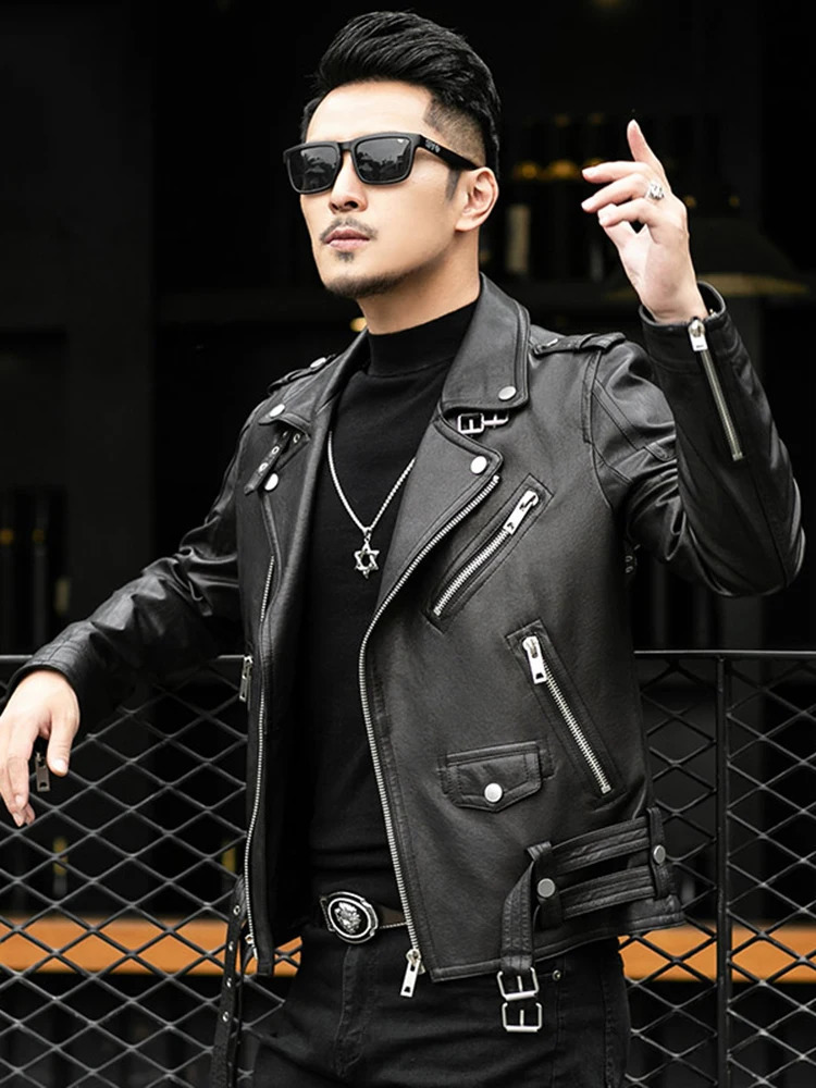 Spring Autumn Short Cool Black Leather Biker Jacket Men Zipper Long Sleeve Belt Plus Size European Fashion leather jackets 241122