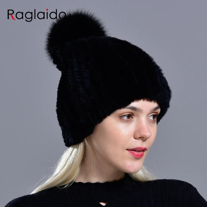 Knitted Pompom Hats for Women Beanies Solid Elastic Rex Rabbit Fur Caps Winter Hat Skullies Fashion Real Fur Hats 241122