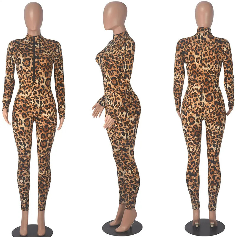 Leopard Print Long Sleeve Jumpsuit Women Front Zipper Stand Collar Sheath Romper Elegant Night Club Outfit One Pieces Overalls 241121