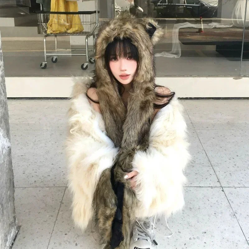 Womens cashmere winter hat winter hat Balaclava hat warm pull nap hat round neck hat bear hat 241205