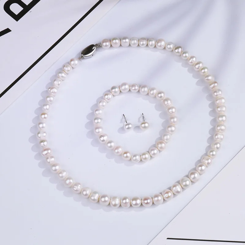 Natural Freshwater Pearl Necklace Bracelet Earring Set Mothers Day Gift 241121