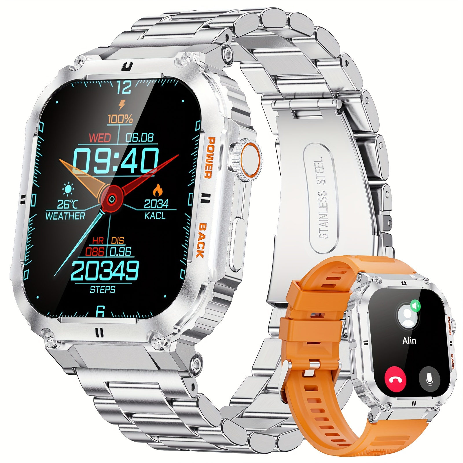 Men's Smartwatch 1.96-inch IPS Large Screen 400mAh Long Battery Life Fitness Step Card Tracker, Suitable for Android IPhone Smartwatch
