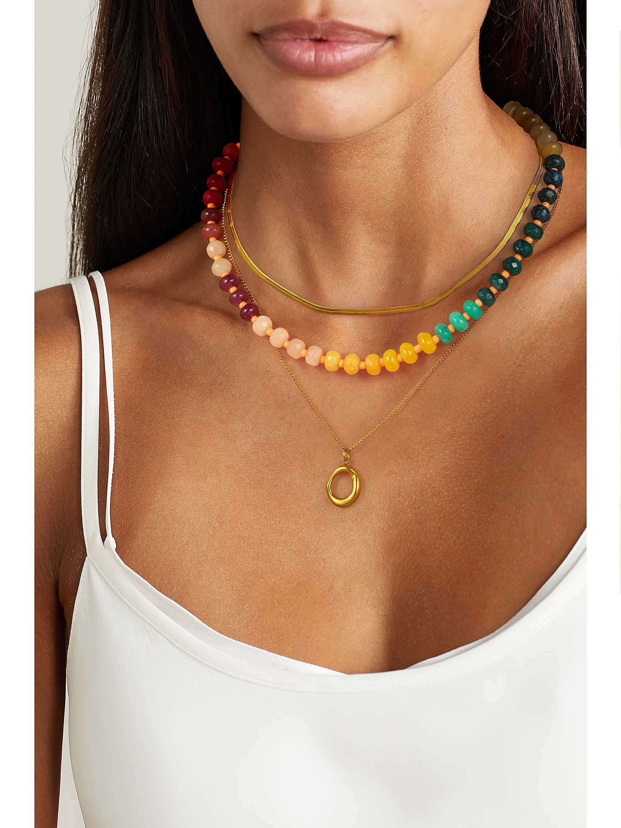 Joya 3-piece Rainbow Natural Stone Bead Necklace Stainless Steel Serpentine Chain Hollow Circular Pendant Jewelry W241121