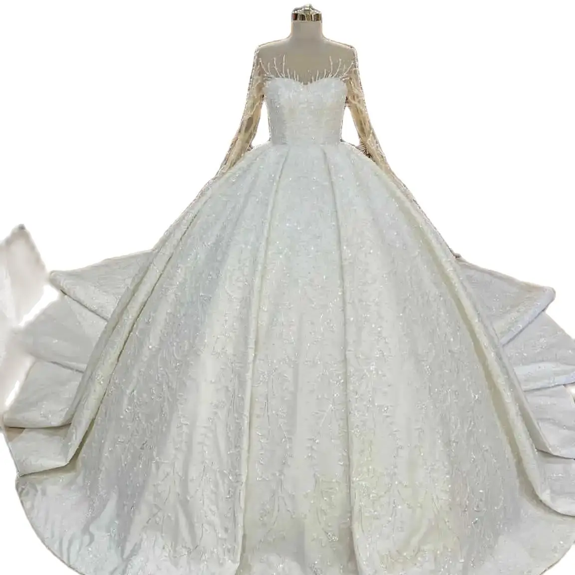 Gorgeous Ball Wedding Dress For Women Sheer Neck Long Sleeves Bridal Gown Appliques Sequins Sweep Train Dresses Custom Made vestidos de novia