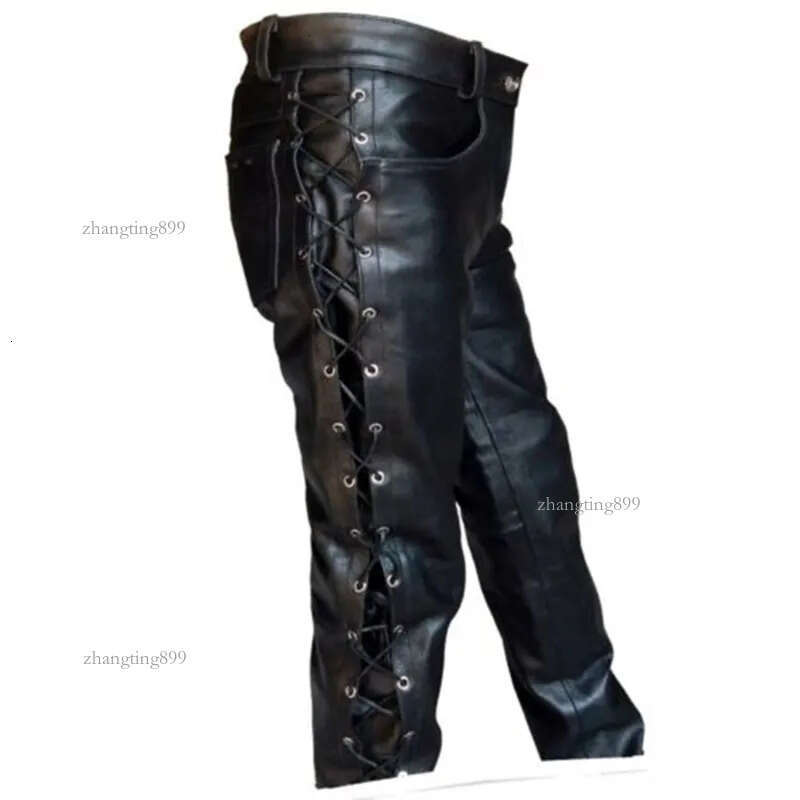 Mens Pants Lace Up Leather Pants Motorcycle Punk Black Pants for Men Fashion Winter Big and Tall Mens Clothing Pantalon Homme Trousers 230906