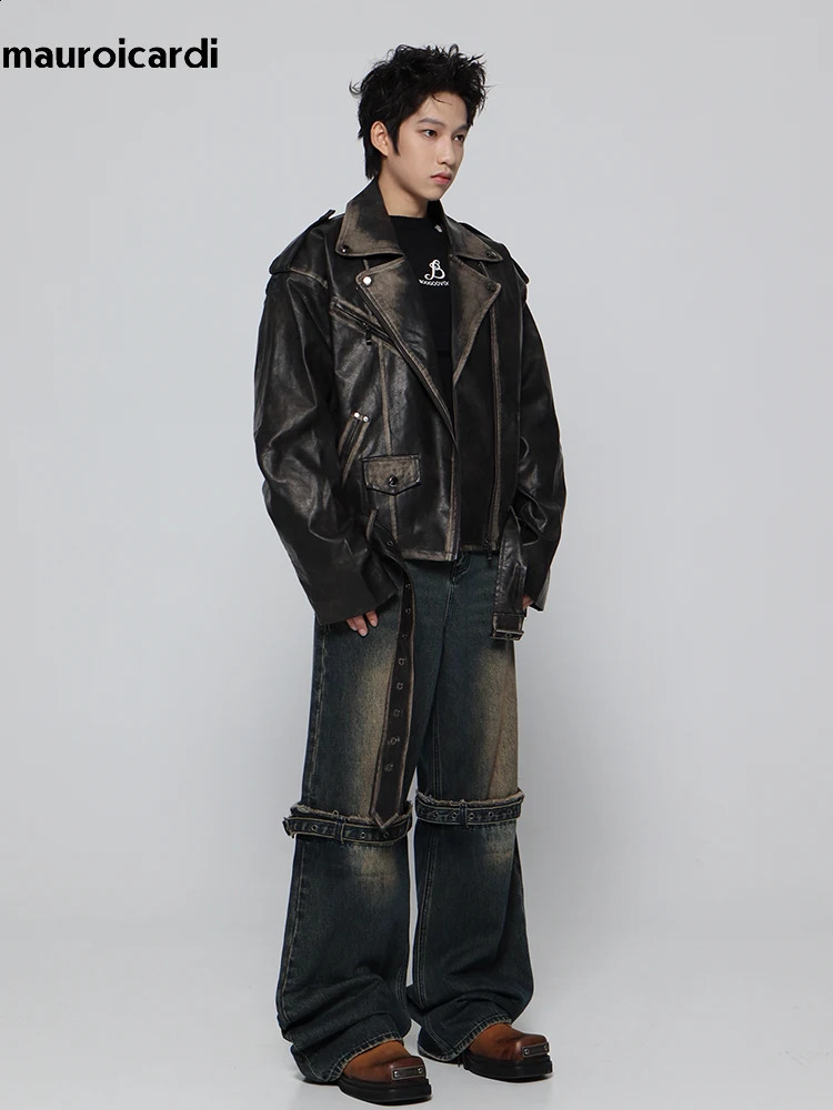 Mauroicardi Spring Cool Handsome Vintage Distressed Black Pu Leather Biker jacket Men Belt Zipper Loose Unisex Clothes 241122
