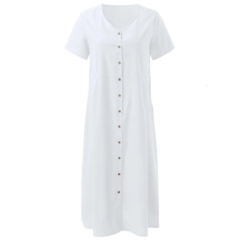 Singlebreasted Cardigan V Neck Solid Color Dresse Double Pockets Short Sleeve Gown Vintage Loose Cotton Linen Dress 2024 240419
