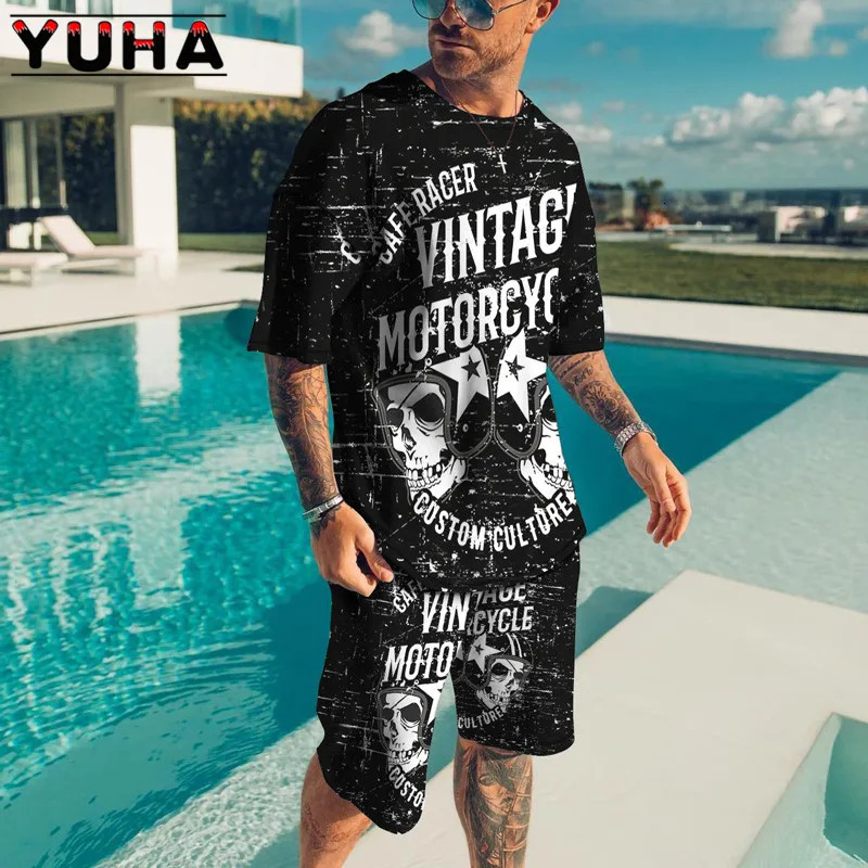 YUHASummer Mens Clothing T Shirt Sets 3D Terrible skeleton Print Casual Shorts Tracksuit Male 2 Piece Suit est Short Sleev 240420