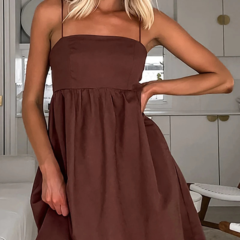 Sexy Off Shoulder High Waist Mini Dres Fashion Pleated Hollow Holiday Dress Summer Cotton Linen Suspender Vestidos 240411
