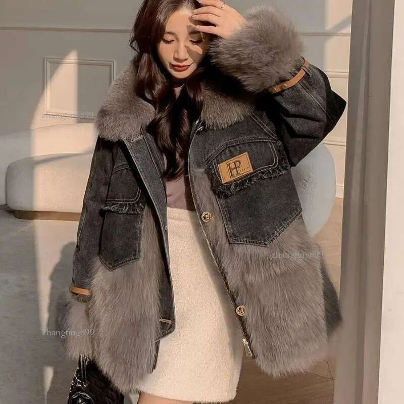 Womens Fur Faux Fur Women Cotton Coat Winter Jacket Female Fur Denim Stitching Parkas Thicken Thin Outwear Big Fur Collar Overcoat 230920