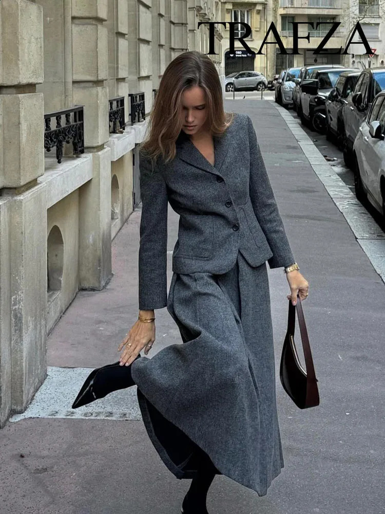 TRAFZA Autumn Women Fashion Sets Solid V Neck Tight Blazer A Line Loose Comfortable Minimalism Style Female Long Skirt 241121
