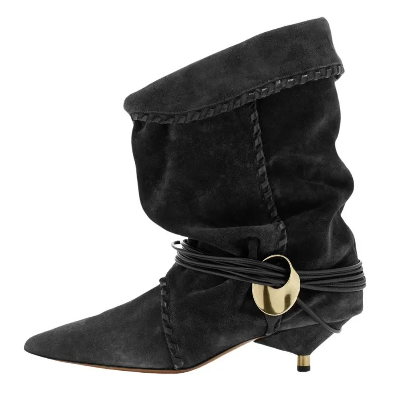 2024 Autumn And Winter Western-Style Pointed Retro Low Heel Denim Pleated Pile Short For Women's Fashion Runway Boots